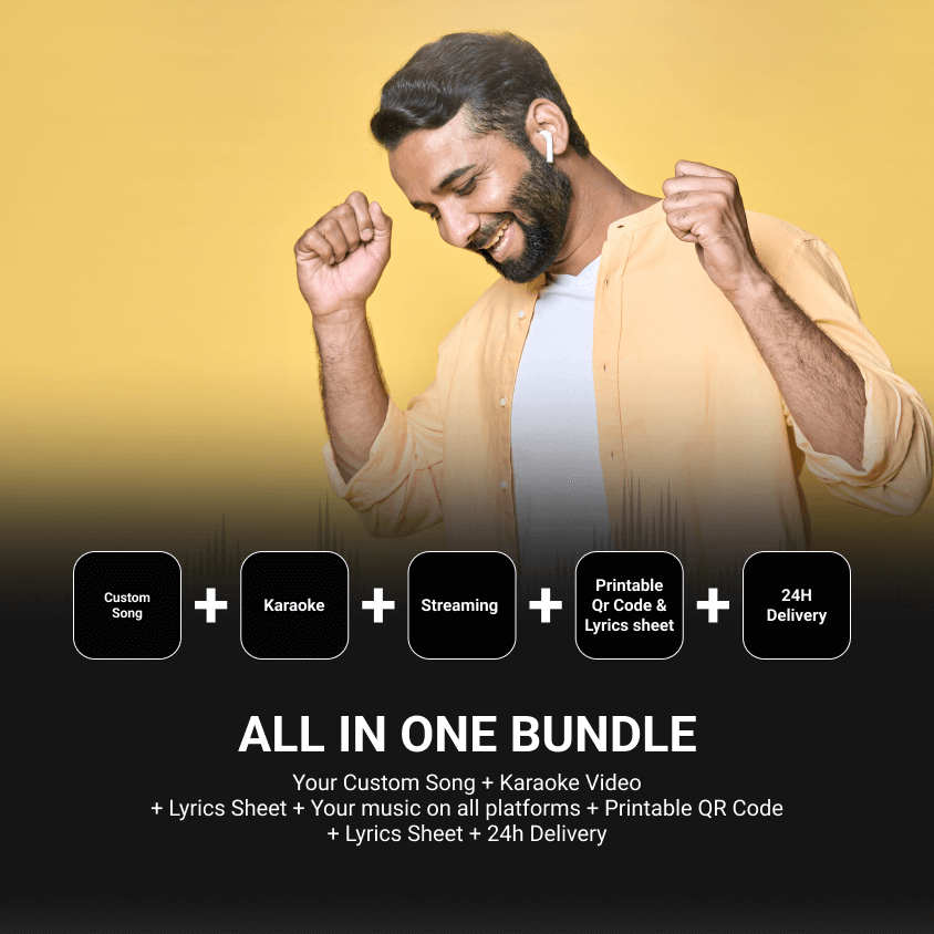 All in one bundle Melodify personalized song including karaoke streaming lyrics QR code and 24h delivery.