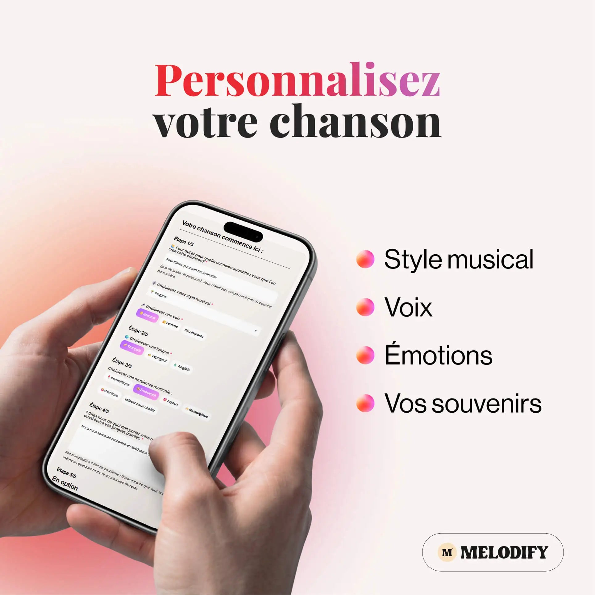 formulaire pour créer une chanson personnalisée avec style musical voix émotions et souvenirs