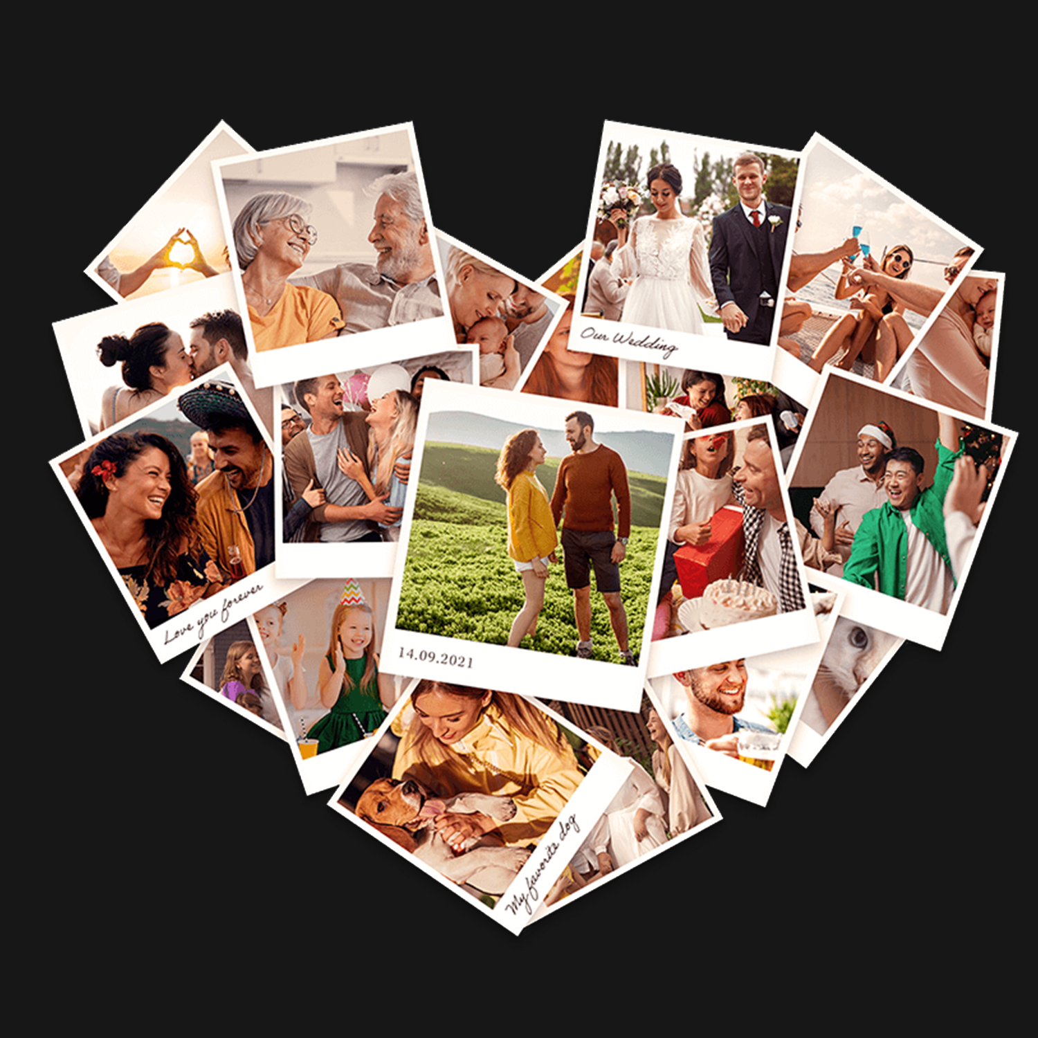 Montage en forme de cœur rassemblant des souvenirs visuels de mariages, anniversaires et familles, symbole des occasions célébrées avec une musique sur mesure Melodify