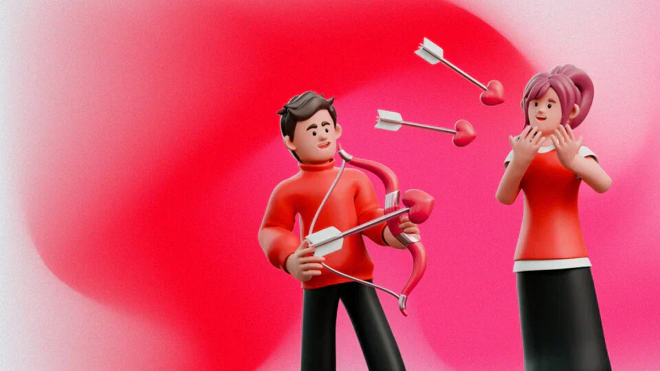 couple de personnages 3D représentant un homme avec un arc de cupidon et une femme surprise, métaphore d'offrir une chanson personnalisée pour la saint valentin