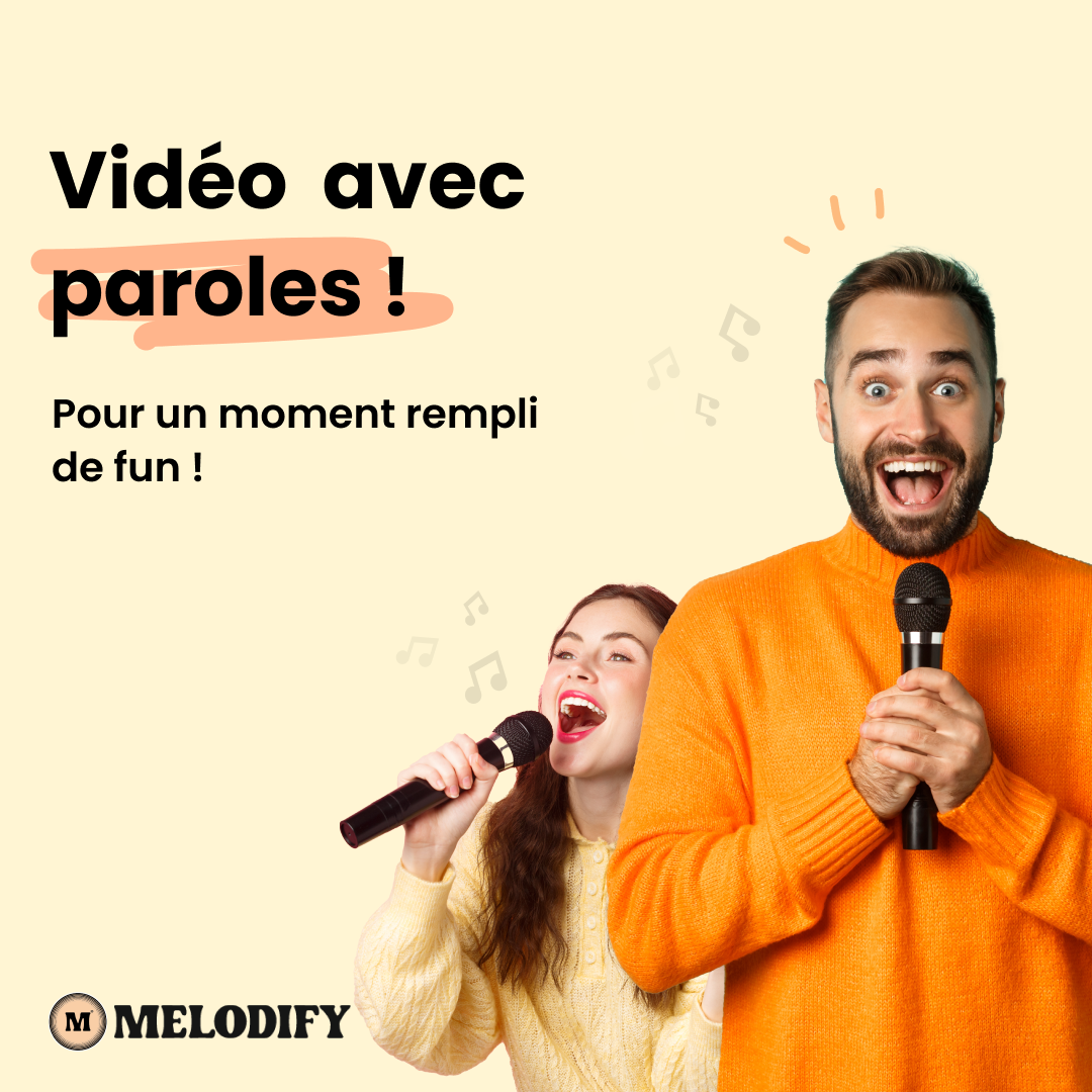 Vidéo karaoké Melodify pour une chanson personnalisée, idéale pour chanter et partager des moments uniques avec vos proches.
