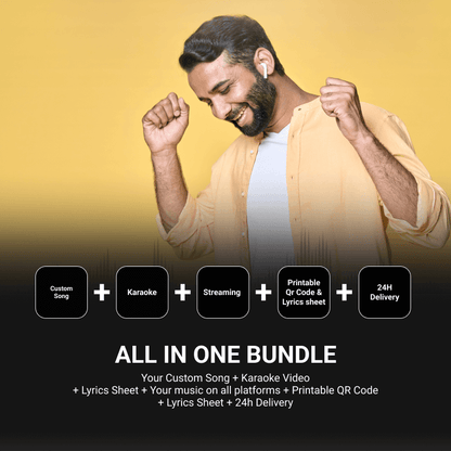 All in one bundle Melodify personalized song including karaoke streaming lyrics QR code and 24h delivery.