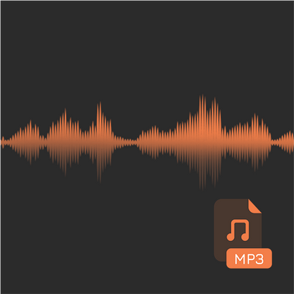 Visualisation audio d'une onde sonore orange sur fond noir, représentant un fichier MP3 en lecture. Une icône de note musicale et le texte "MP3" apparaissent dans le coin inférieur droit, symbolisant un format de fichier audio numérique.