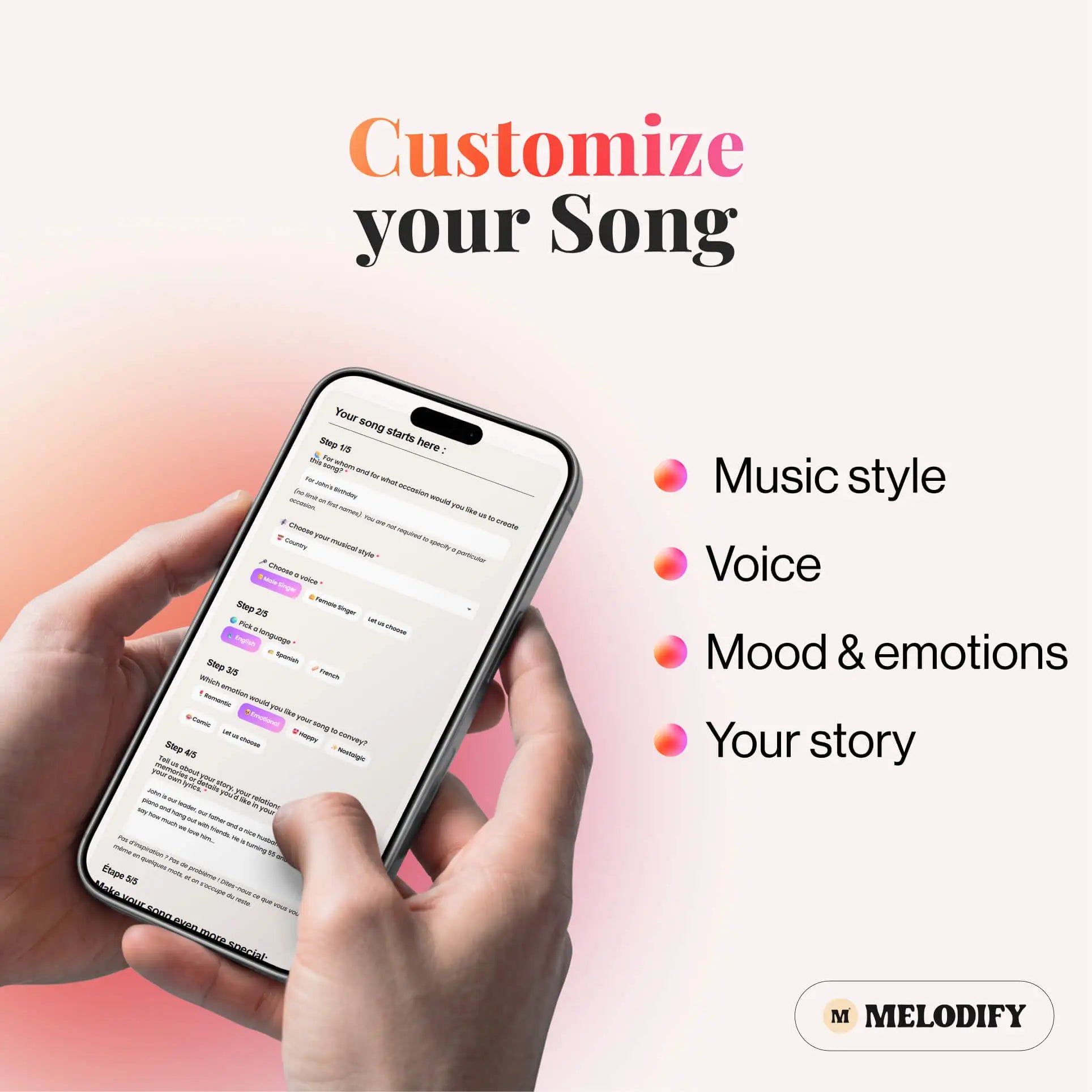 create a custom song by filling the form with music style voice emotions and personal story